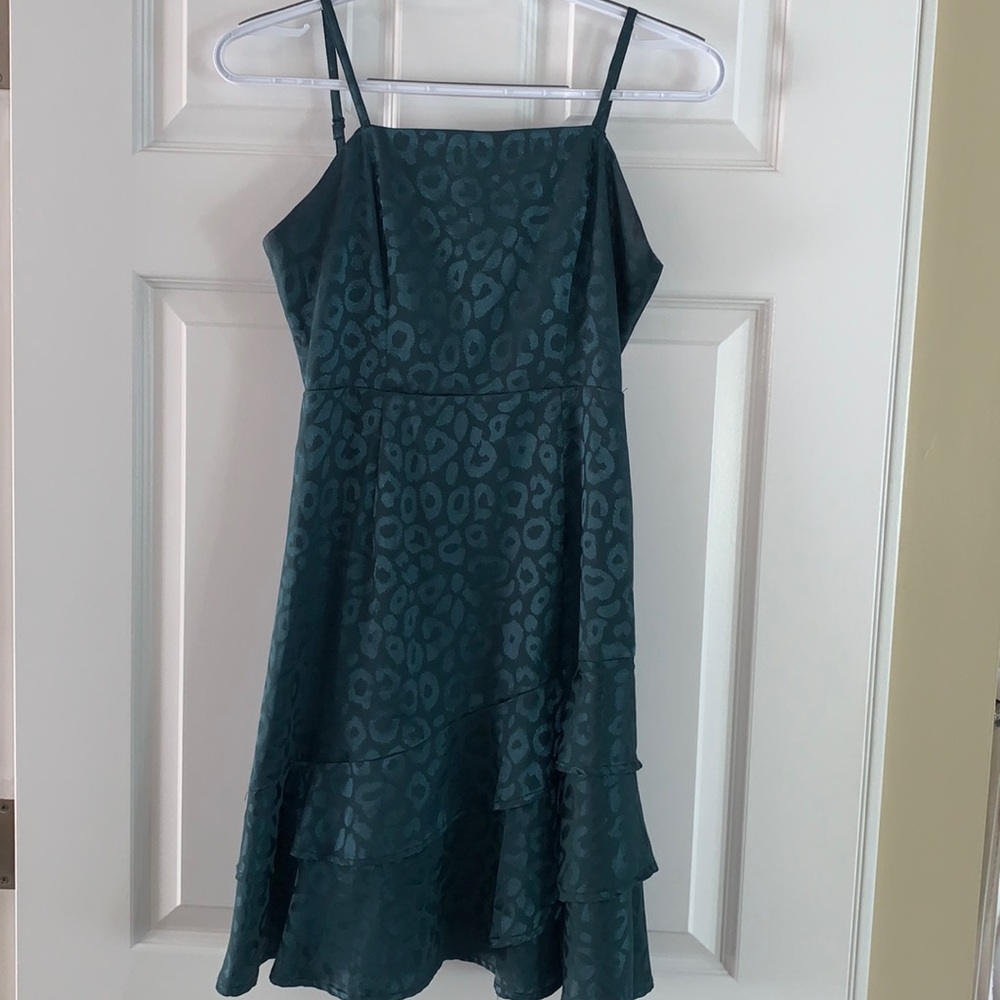 XS altar’d state green dress with shiny cheetah print. ruffle detailing at end